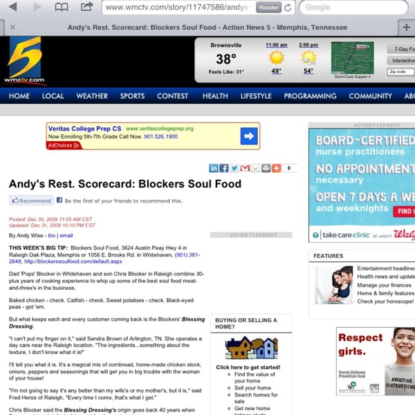 A screenshot of a news website featuring an article about Blockers Soul Food Restaurant & Sports Bar.