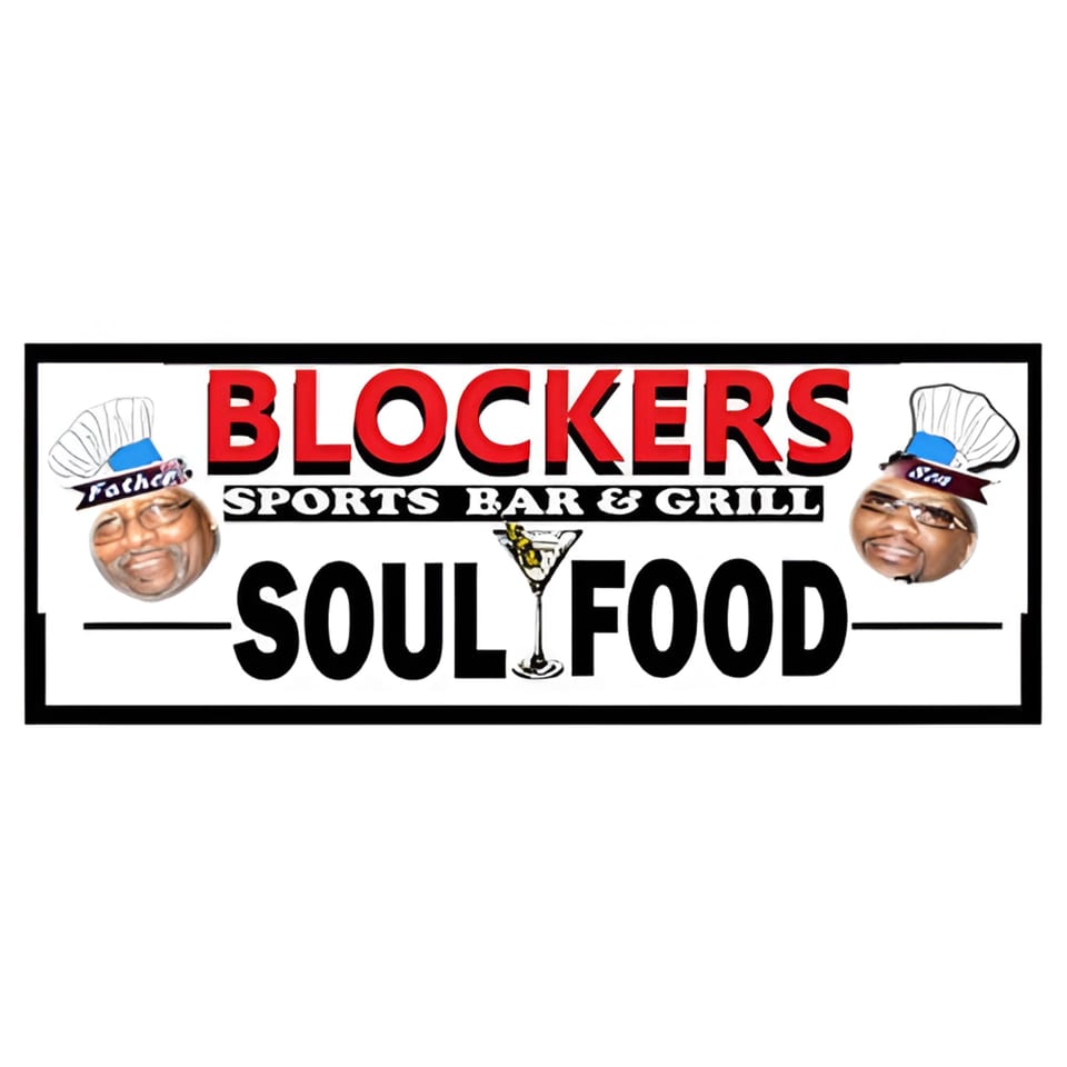 Blockers Soul Food Restaurant & Sports Bar logo with two chef heads and a martini glass.