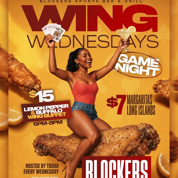 A woman sits on a giant chicken wing, holding playing cards and a margarita, advertising "Wing Wednesdays".