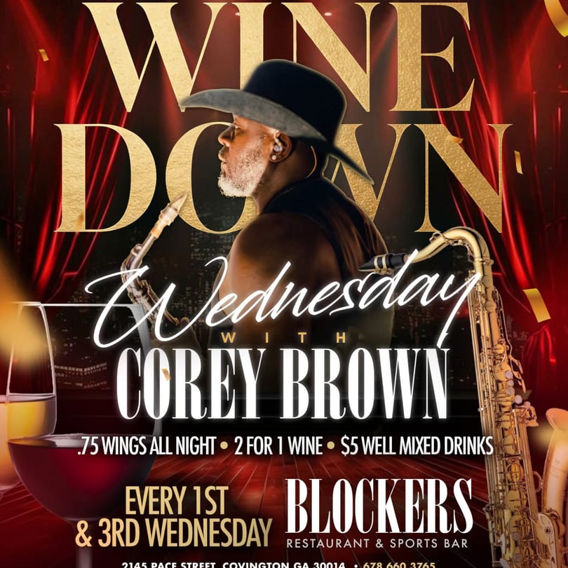 Promotional poster for "Wine Down Wednesday" at Blockers, featuring musician Corey Brown and a saxophone.