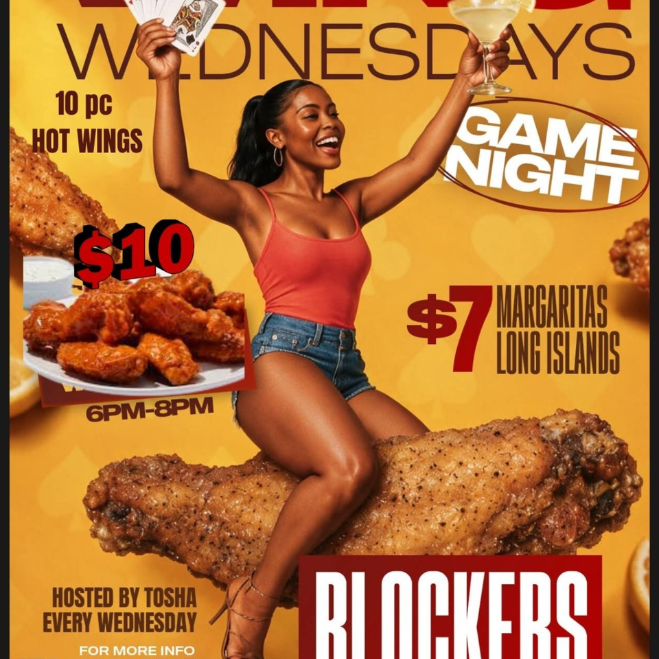 Promotional poster shows a smiling woman holding playing cards and a margarita beside hot wings, advertising Wednesday game night specials at Rockers.