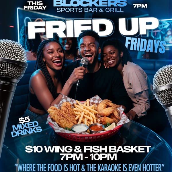 Friends enjoying karaoke night at Blockers Sports Bar & Grill with a basket of fried fish, wings, and fries.