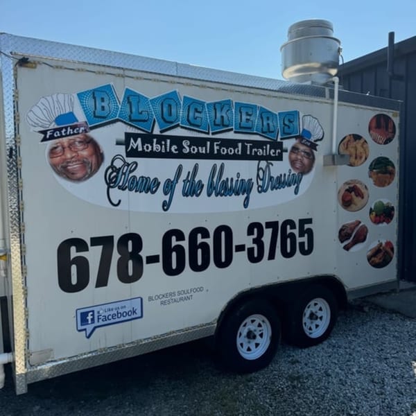 Blockers Mobile Soul Food Trailer, featuring the restaurant's logo, contact information, and food images.