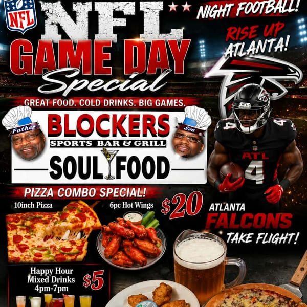 NFL Game Day Special advertisement for Blocker's Sports Bar & Grill, featuring food, drinks, and Atlanta Falcons imagery.