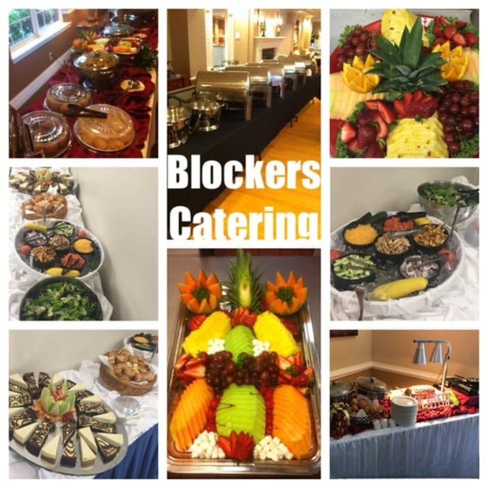 A collage of catering images from Blockers Soul Food Restaurant, featuring buffets, fruit platters, and desserts.