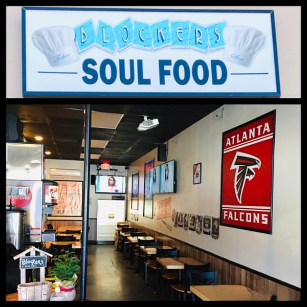 Blockers Soul Food sign above a dining area with tables, chairs, TVs, and an Atlanta Falcons poster.